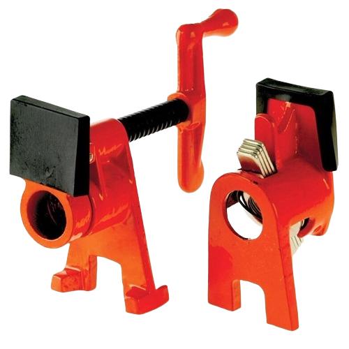 Red pipe clamp parts with black pads and metal hardware for woodworking tools and home improvement use under $50 collections