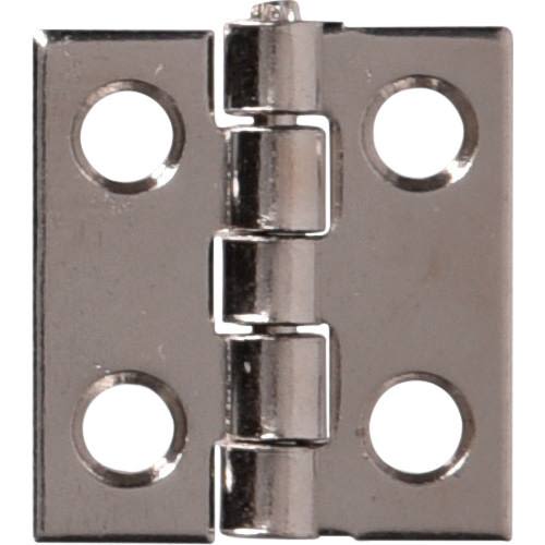 narrow satin nickel cabinet hinge with four mounting holes for home improvement and furniture hardware projects
