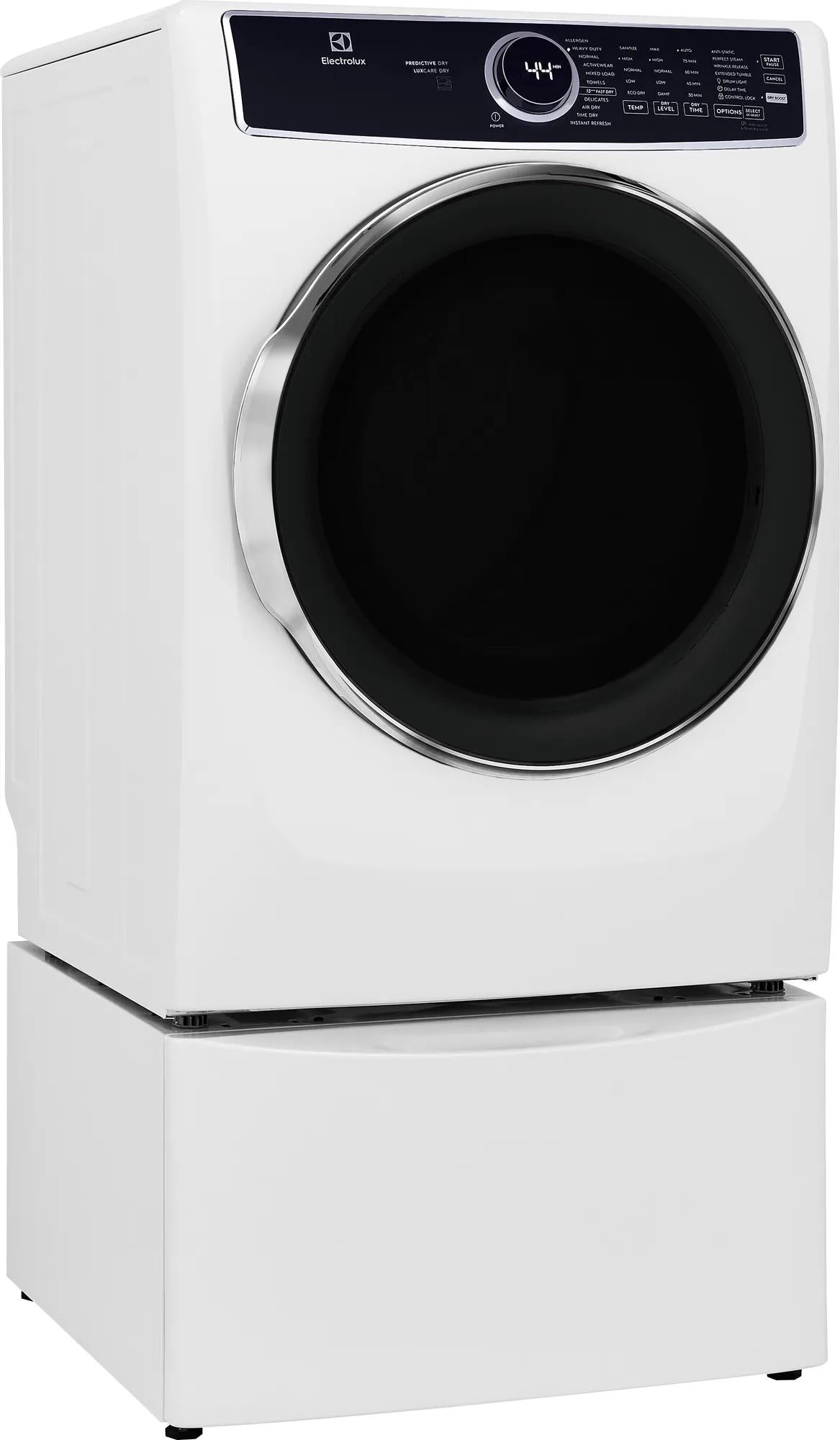 White front-load gas dryer with large black circular door and digital control panel in Dryers and Appliances collections