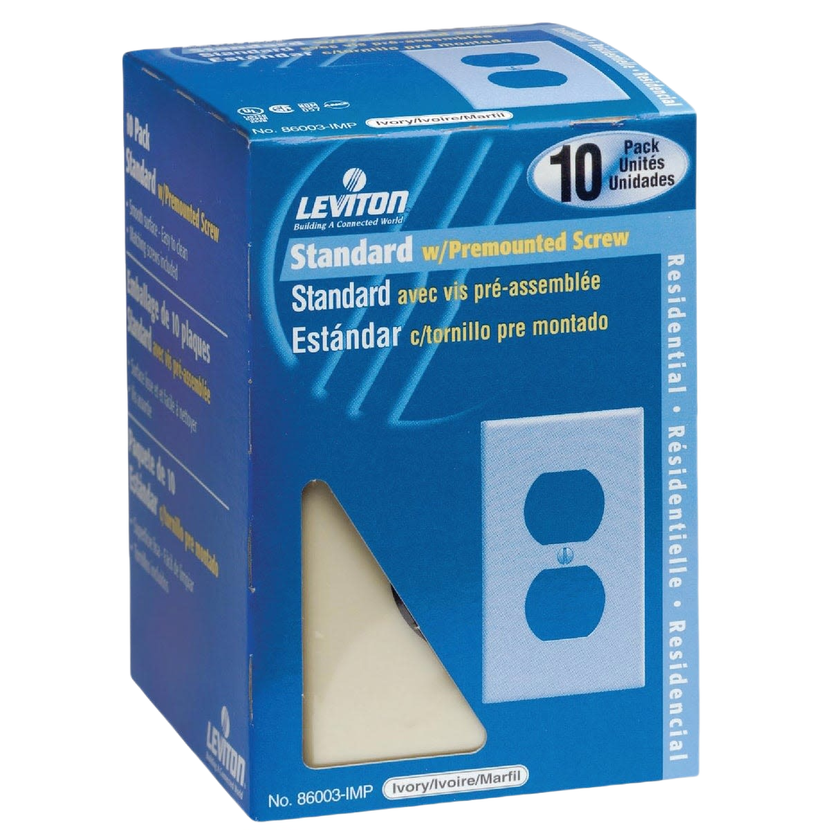 Blue retail box of Leviton ivory plastic outlet wall plates with premounted screws, containing ten pieces for home improvement.