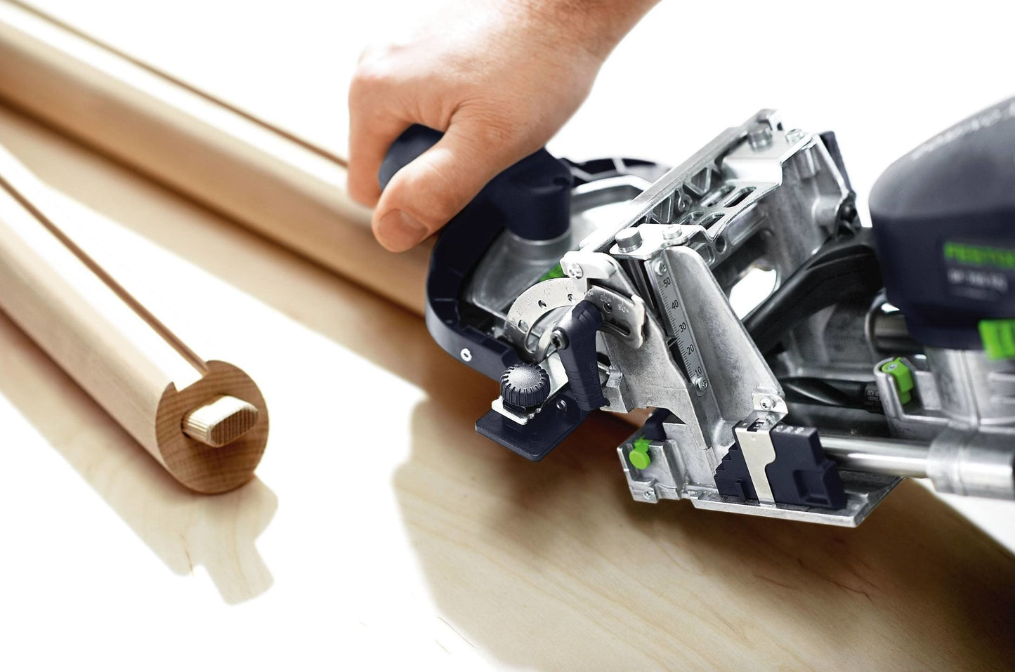 Close-up of woodworking tool making precise cuts in wood for joinery in woodworking tools and power tools collection