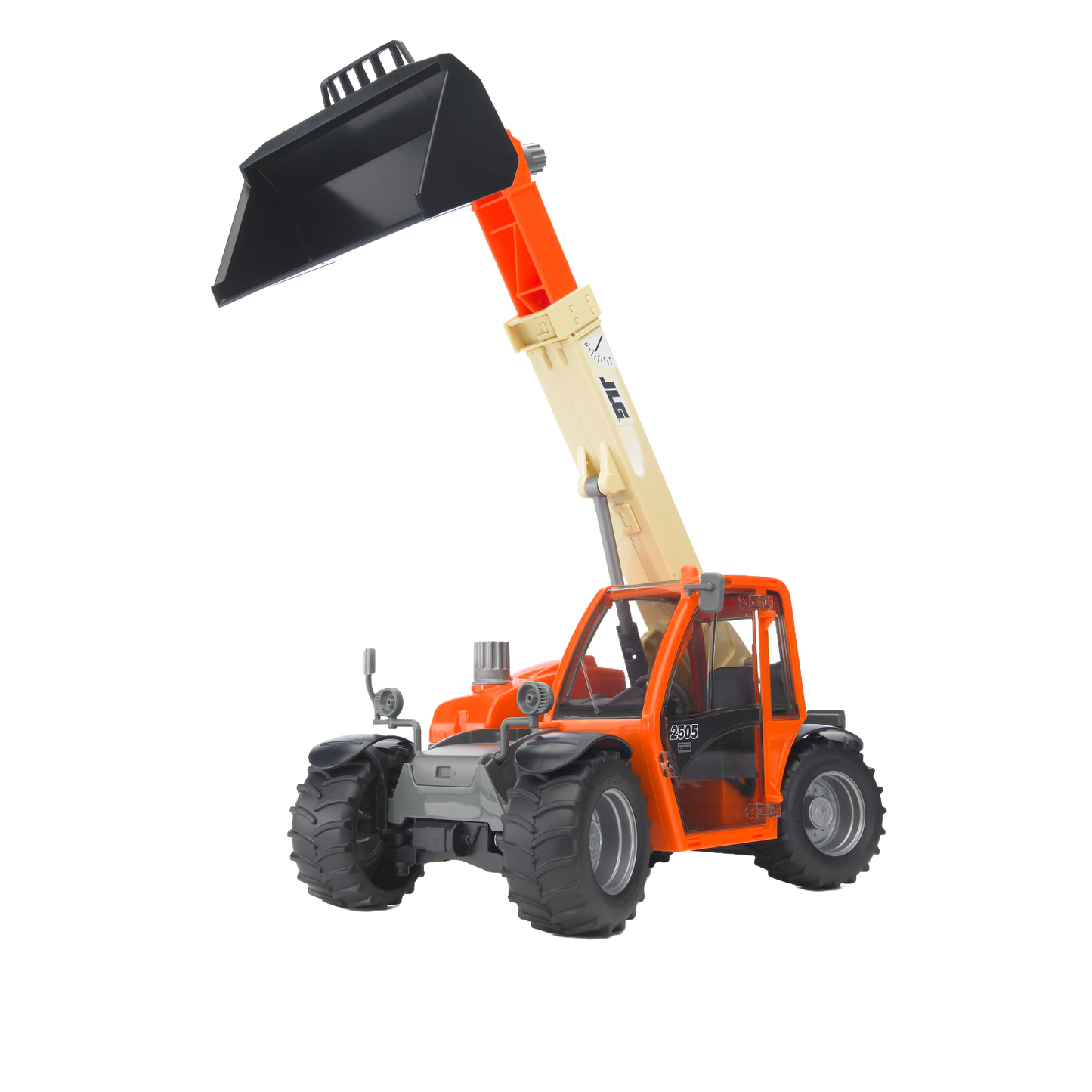 Orange and beige Bruder JLG 2505 telescopic loader toy with raised black bucket in Vehicles & Remote Controlled Toys collection