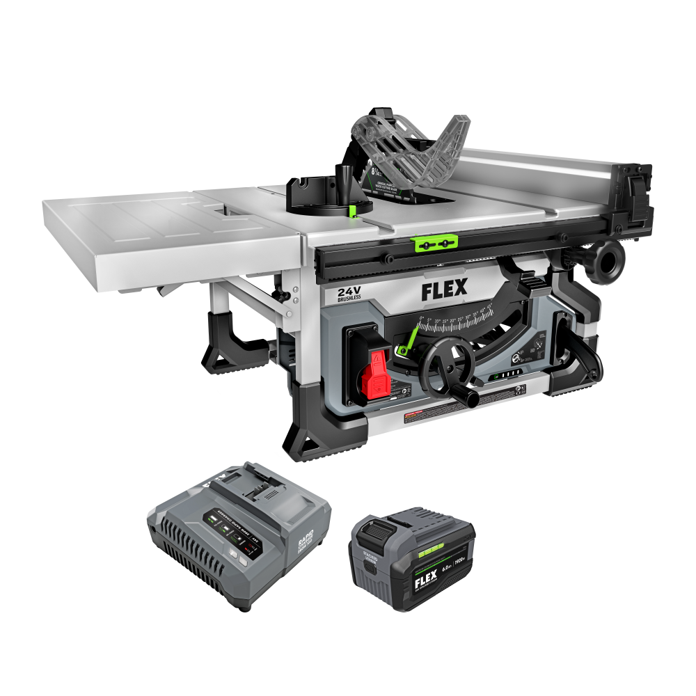 Cordless 8-1/4 inch table saw with folding side extension, stacked lithium battery kit, and charger, part of power tools and woodworking tools for home improvement at Hartville Hardware.