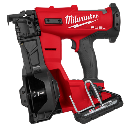 Red and black cordless coil roofing nailer with high output lithium battery for home improvement projects