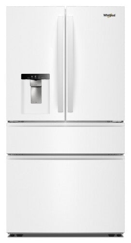 White French door refrigerator with bottom freezer and in-door filtered water dispenser in kitchen appliances collection