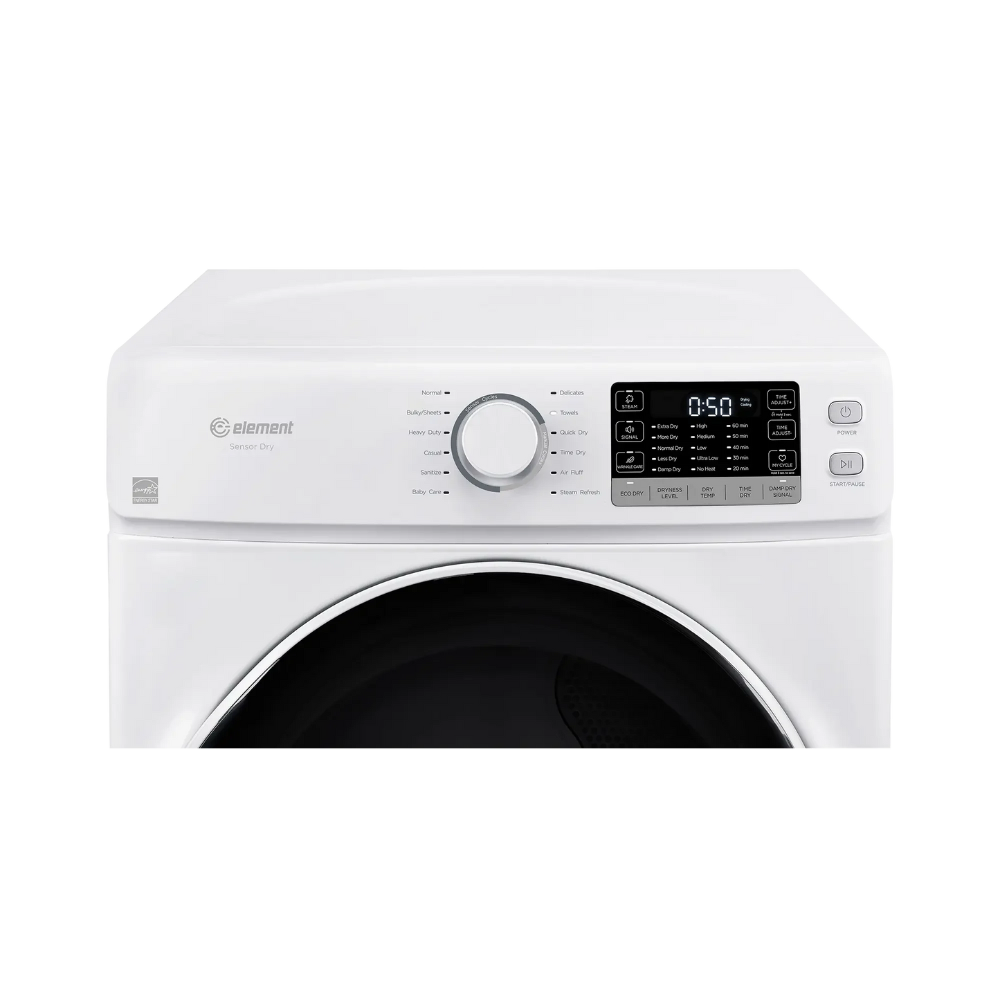 Close-up of white front load gas dryer control panel with cycle dial and digital display in appliances collection