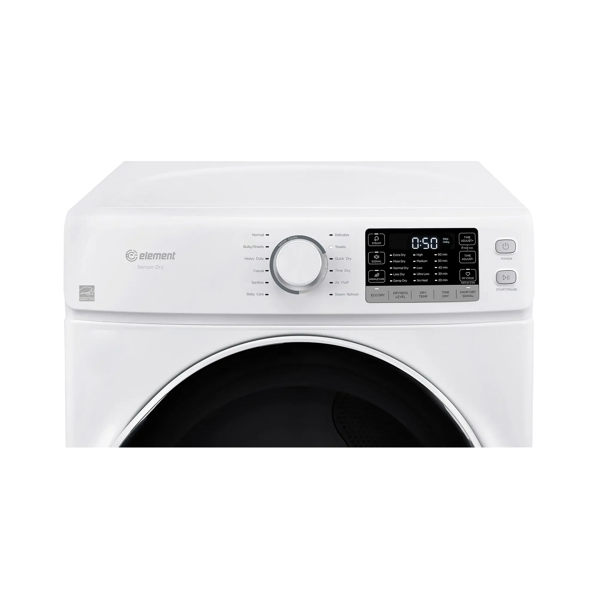 Close-up of white front load gas dryer control panel with cycle dial and digital display in appliances collection