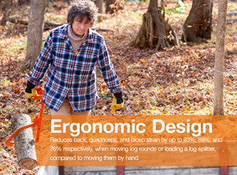 Person using an orange LogOX Hauler tool with ergonomic grips to move logs in a wooded outdoor setting