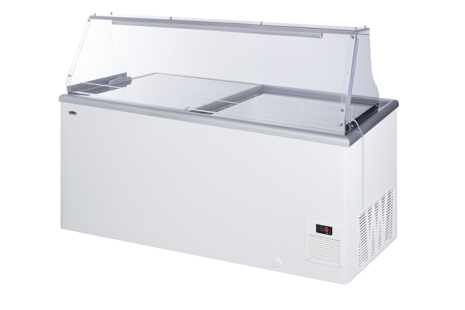 Commercial white dipping freezer cabinet with clear sneeze guard and digital control in kitchen appliances collection