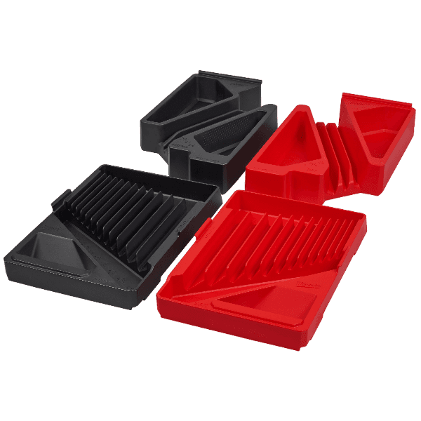 Color-coded red and black combination wrench trays for tool storage and workshop organization under $100 collection
