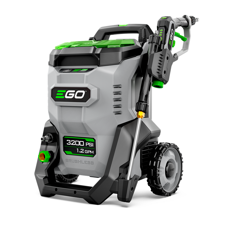 Gray and green cordless pressure washer with wheels, spray wand, and two batteries for home improvement tasks