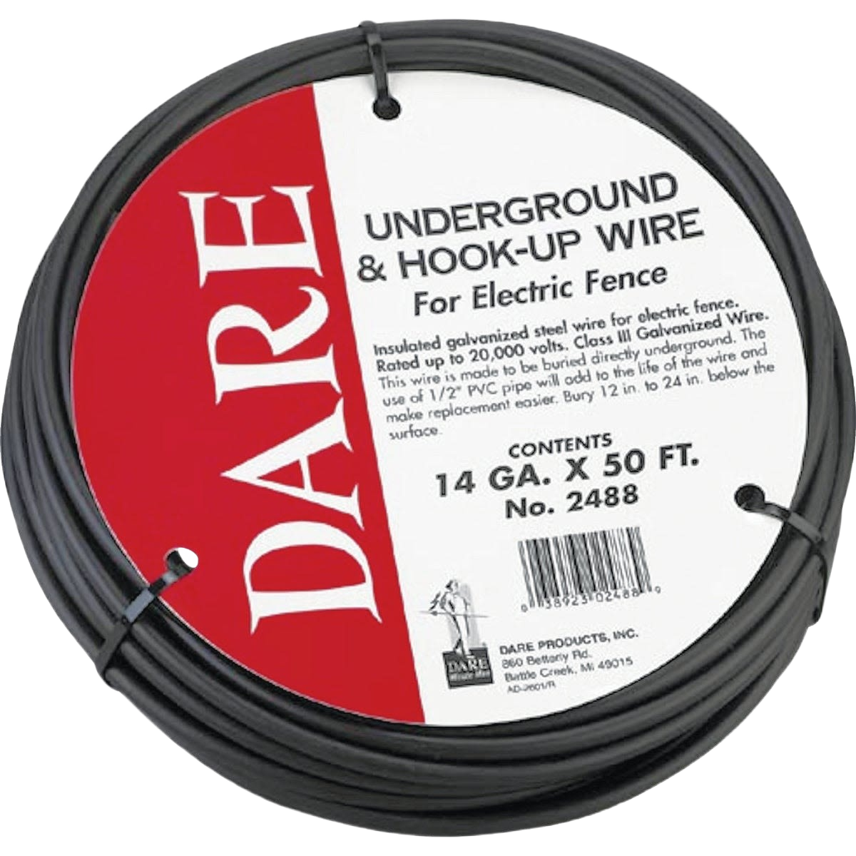 Black insulated galvanized steel wire coil labeled for underground electric fence and hook-up use in home improvement tasks