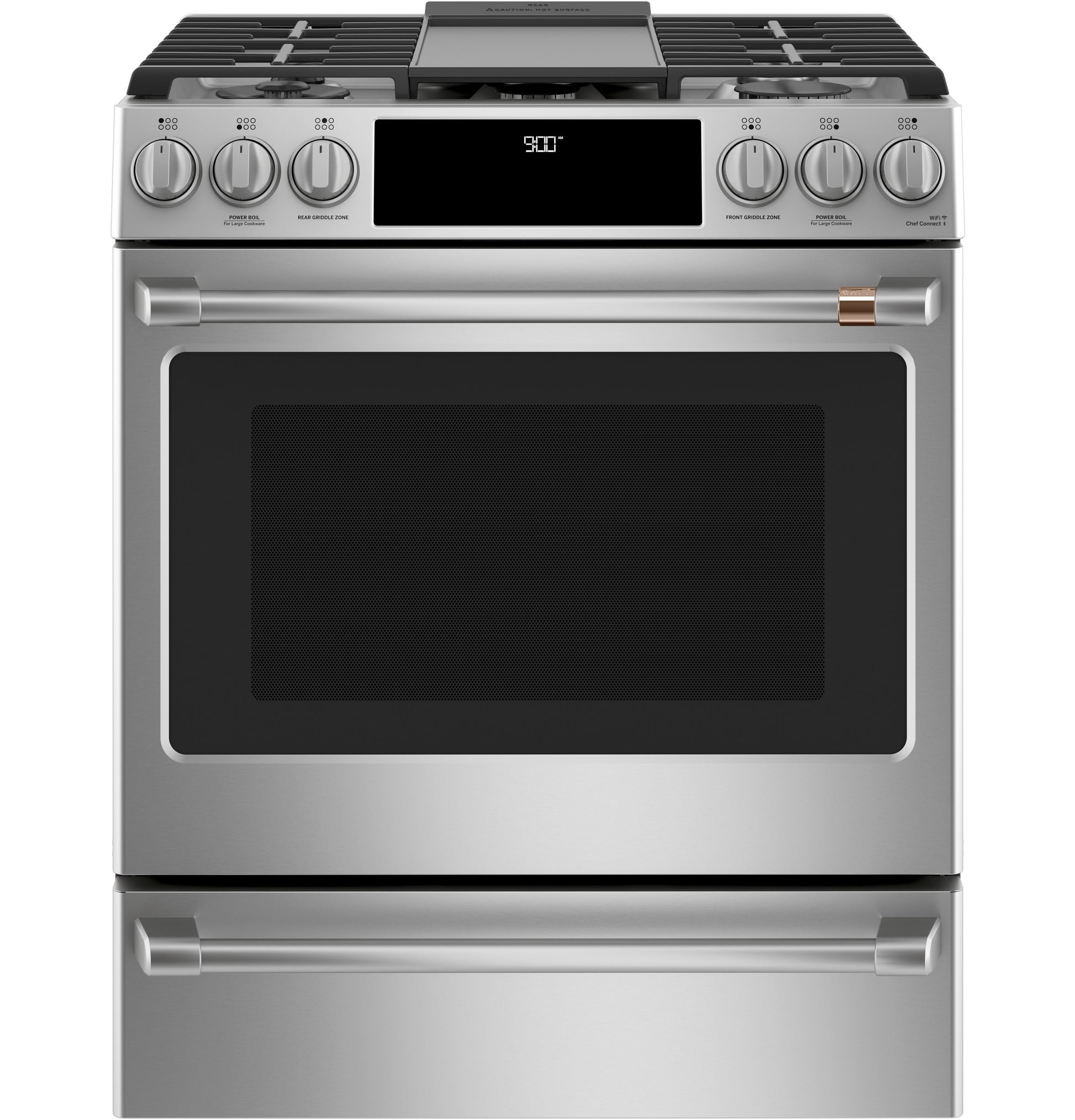 Front view of stainless steel dual-fuel range with digital display and six control knobs from kitchen appliances collection