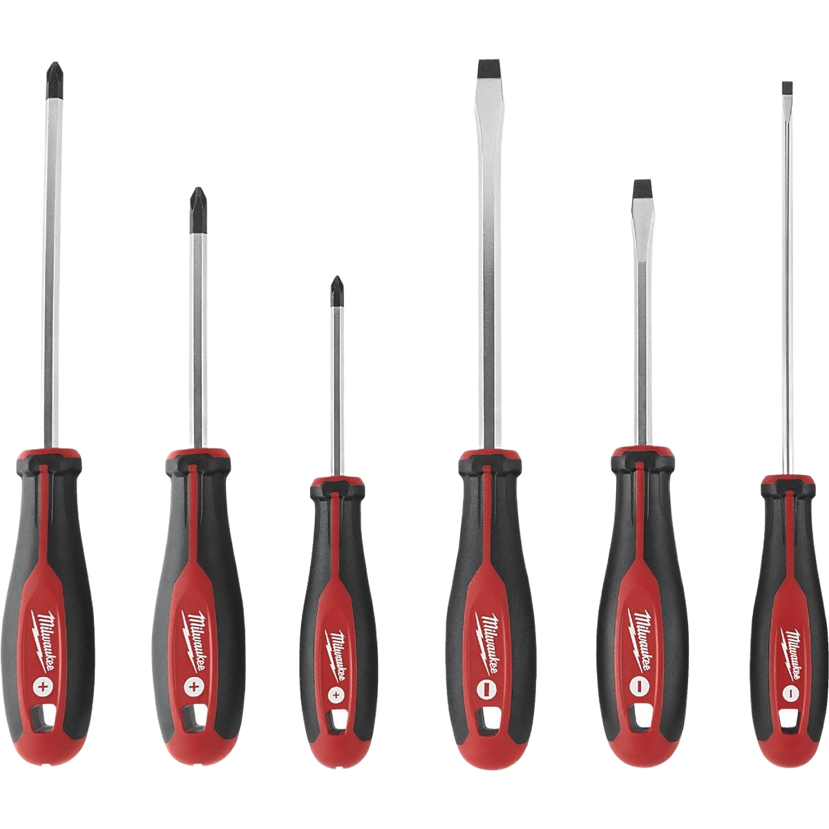 Set of six red and black Milwaukee screwdrivers with ergonomic tri-lobe handles for woodworking and fastening tools collections