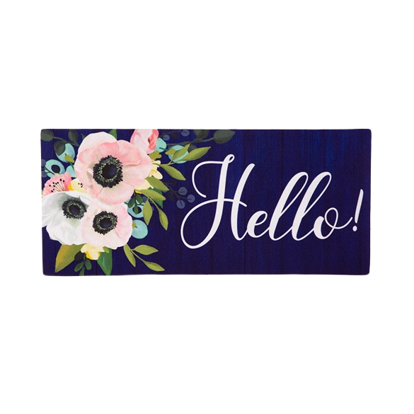 Decorative rectangular mat with floral design and white cursive greeting on dark blue background for home decor
