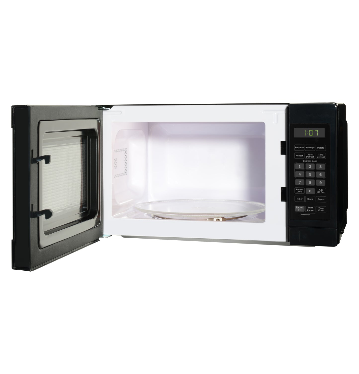 Black countertop microwave with open door, digital control panel, and glass turntable from countertop microwaves collection