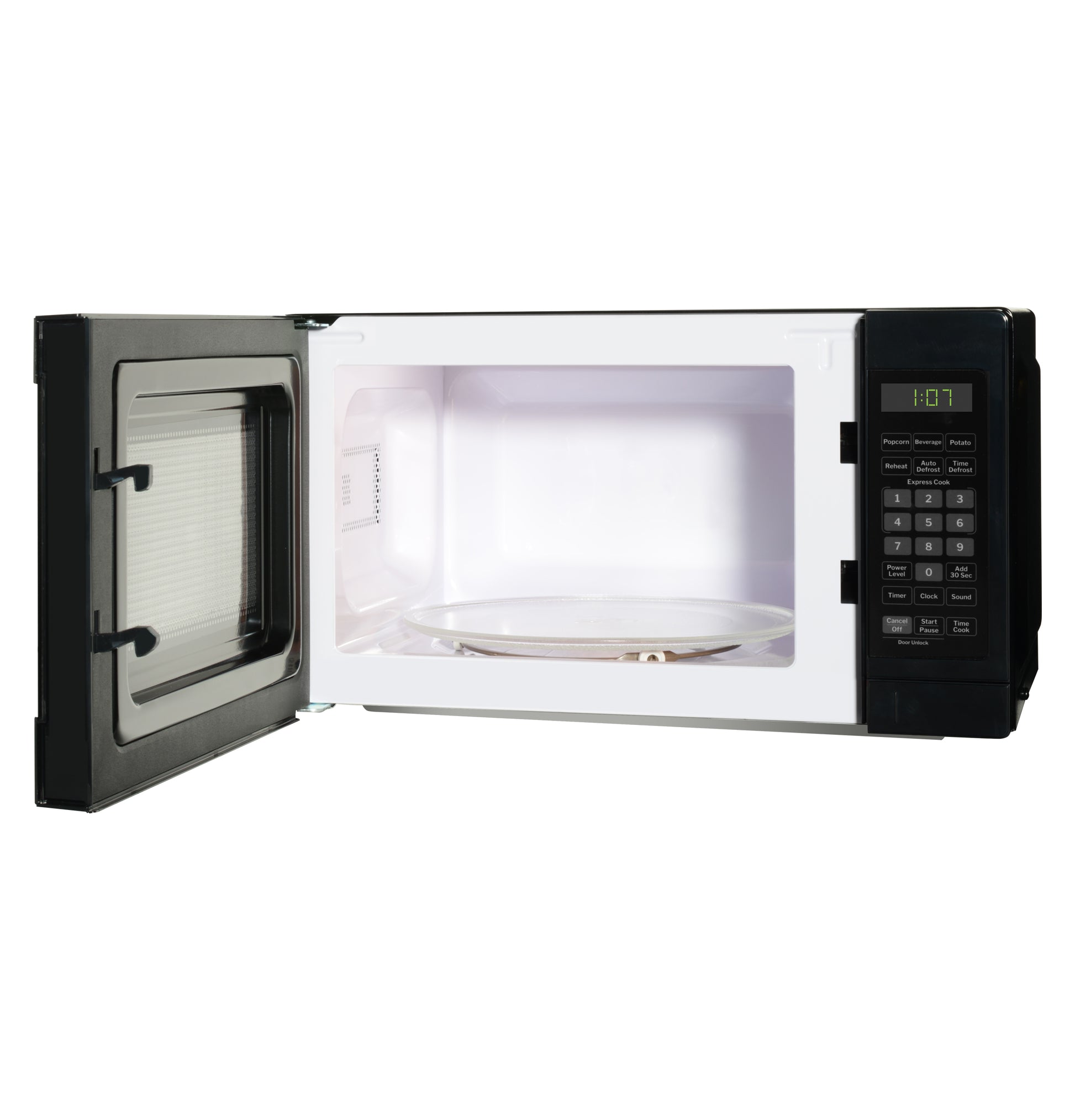 Black countertop microwave with open door, digital control panel, and glass turntable from countertop microwaves collection
