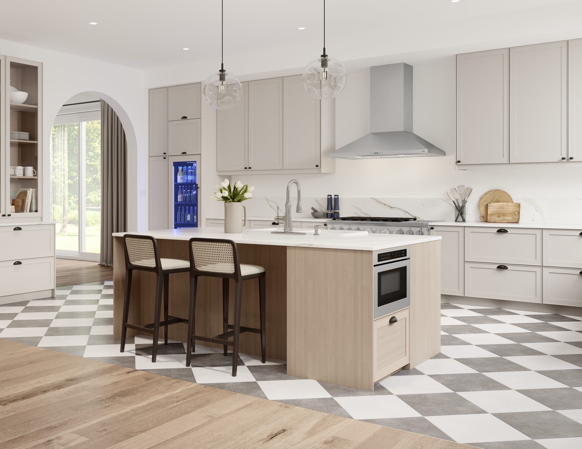 Modern kitchen featuring stainless steel wall-mounted range hood with LED lighting in a stylish home improvement setting
