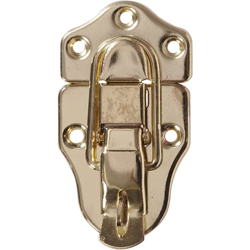 Polished brass ornamental locking catch with mounting holes for cabinets and furniture hardware collections