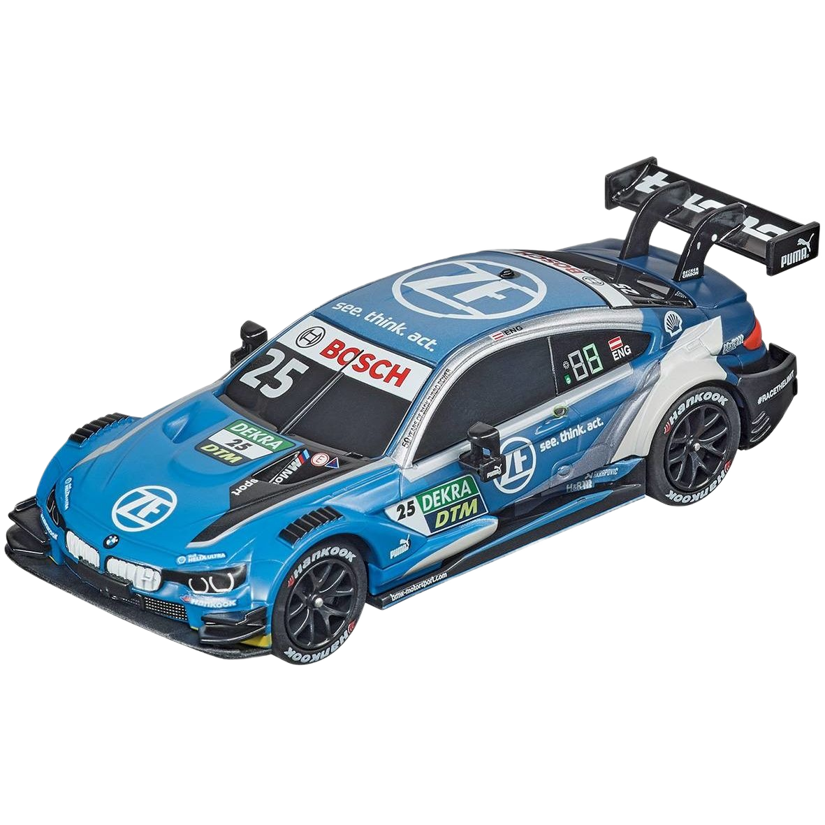 Blue 1:43 scale BMW M4 DTM slot car with racing decals and detailed aerodynamic features for collector display