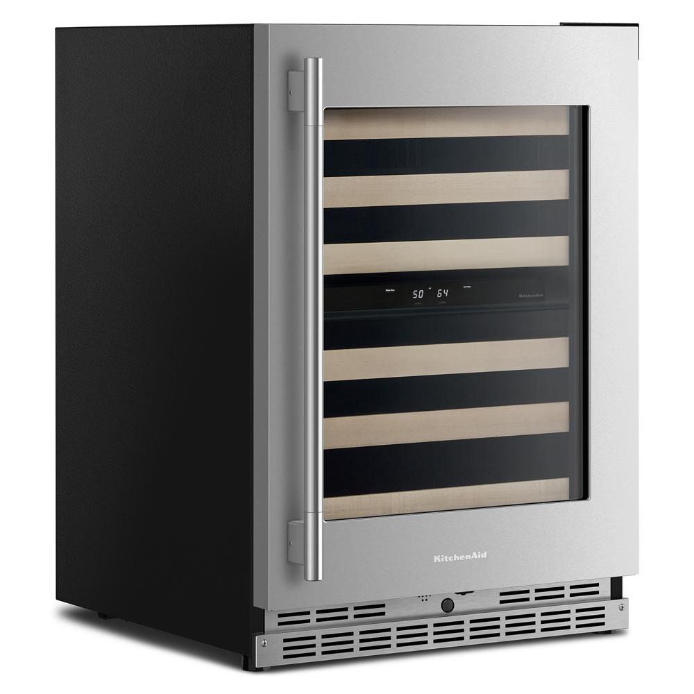 24-inch undercounter wine refrigerator with stainless steel frame, glass door, and wood-front full-extension racks