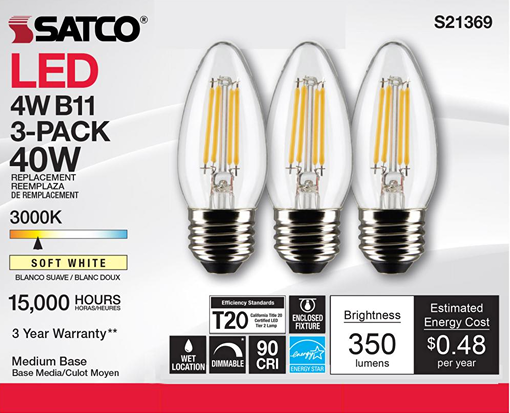 Three clear B11 LED soft white light bulbs with medium bases for lighting and home improvement under $50 collections