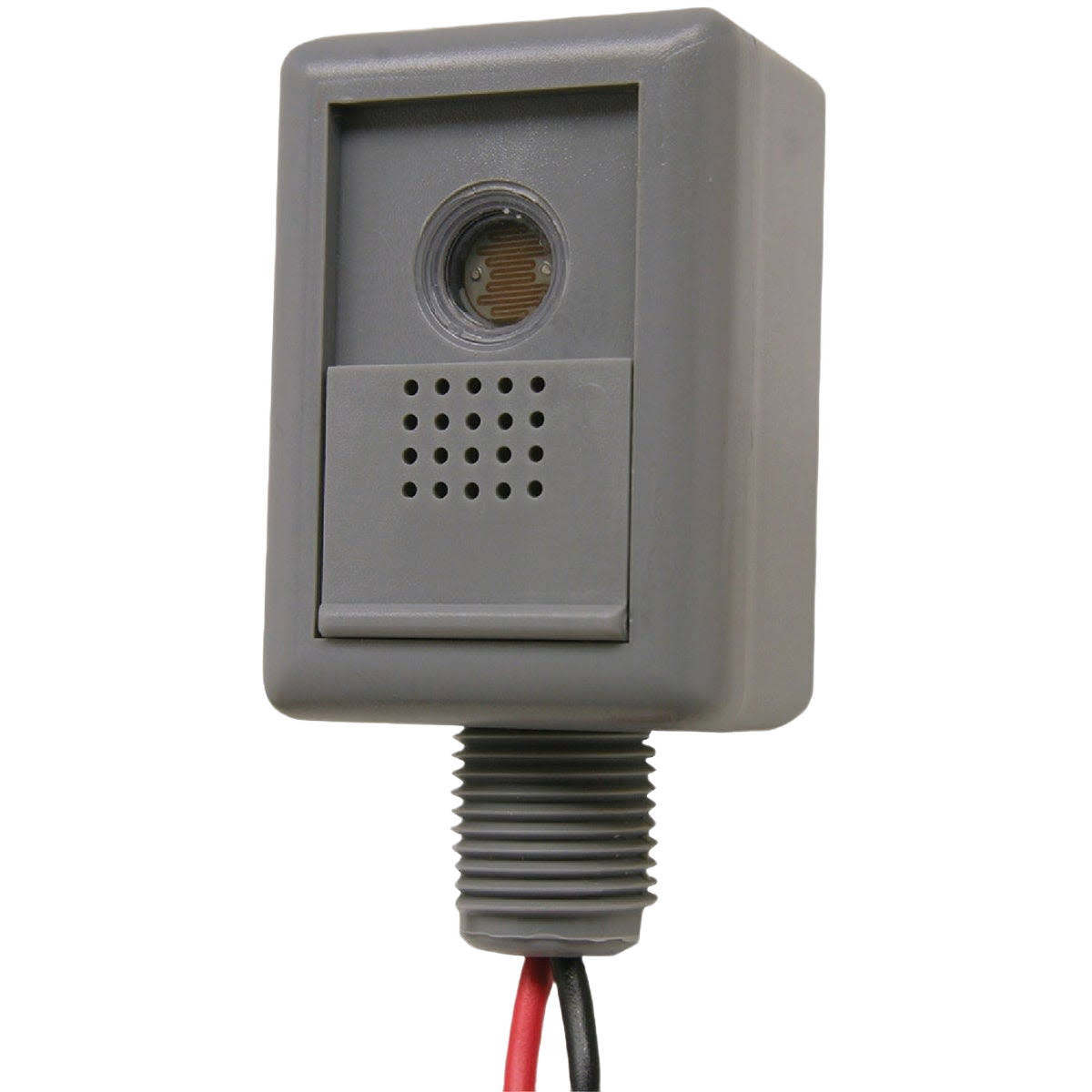 Gray hard wire photocell lamp control with adjustable sensor and weather-resistant housing for outdoor lighting automation