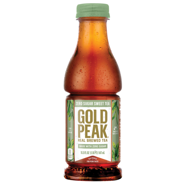 Plastic bottle of Gold Peak zero sugar sweet tea with green cap in beverages and food collection under $50