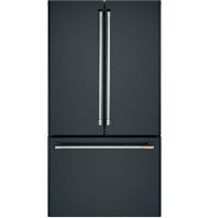Black counter-depth French door refrigerator with bottom freezer drawer and sleek vertical handles in kitchen appliances collection