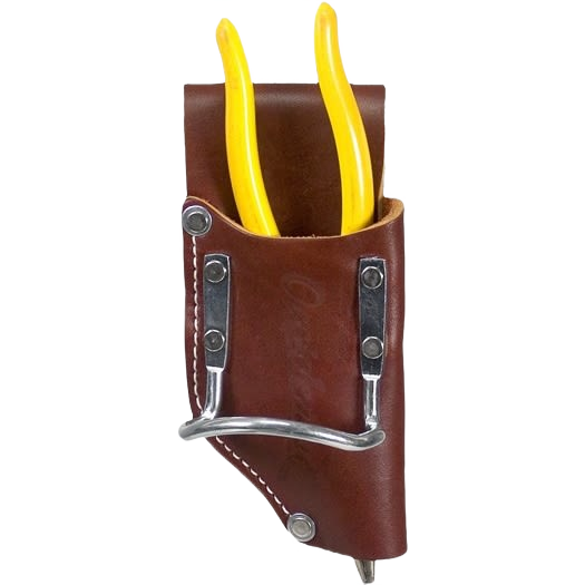 Brown leather tool and hammer holder with metal accents for woodworking tools storage and workshop organization under $100 collections