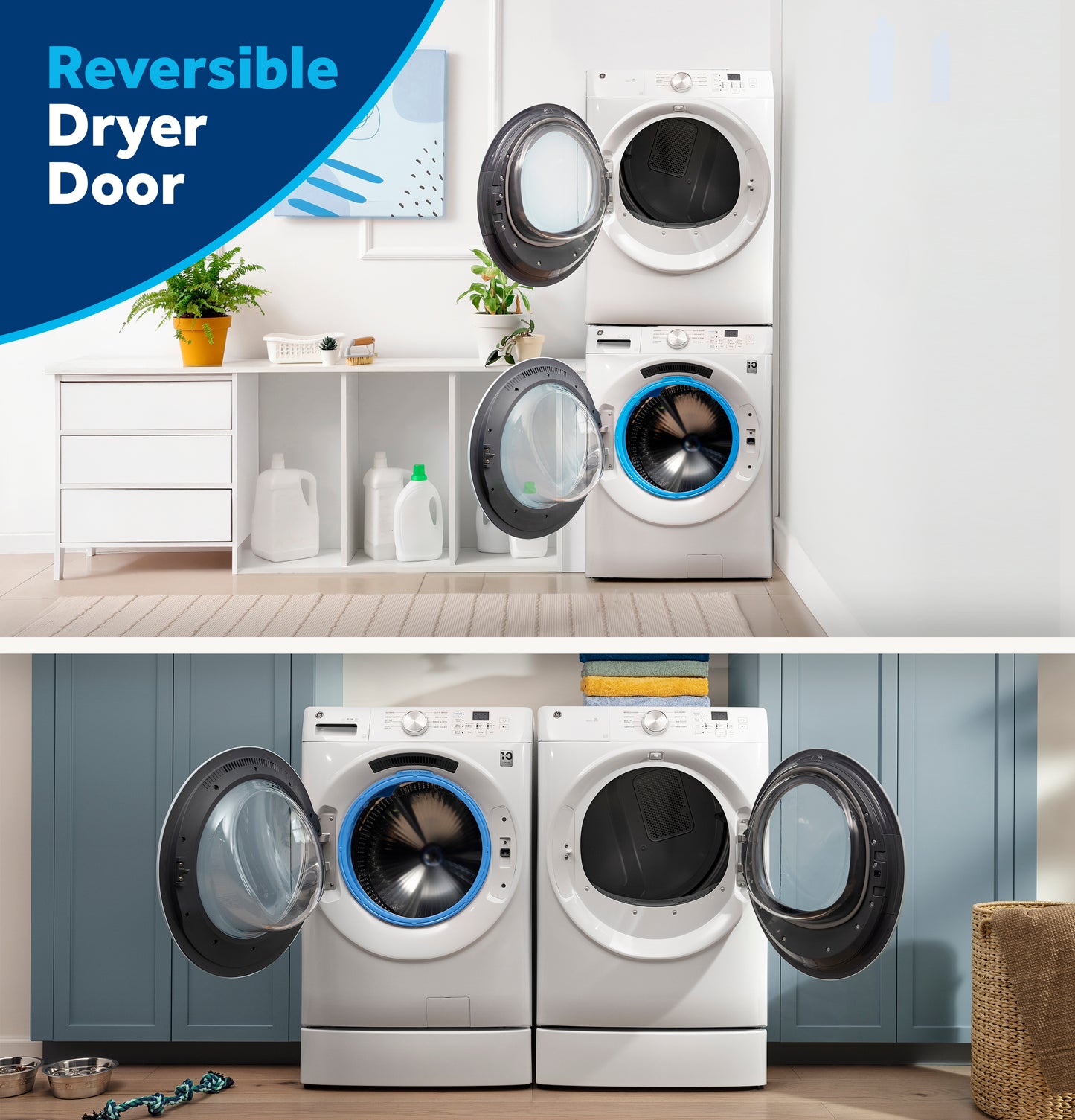 Stacked front load washer and dryer with reversible doors open, shown in two modern laundry room settings from Dryers collection