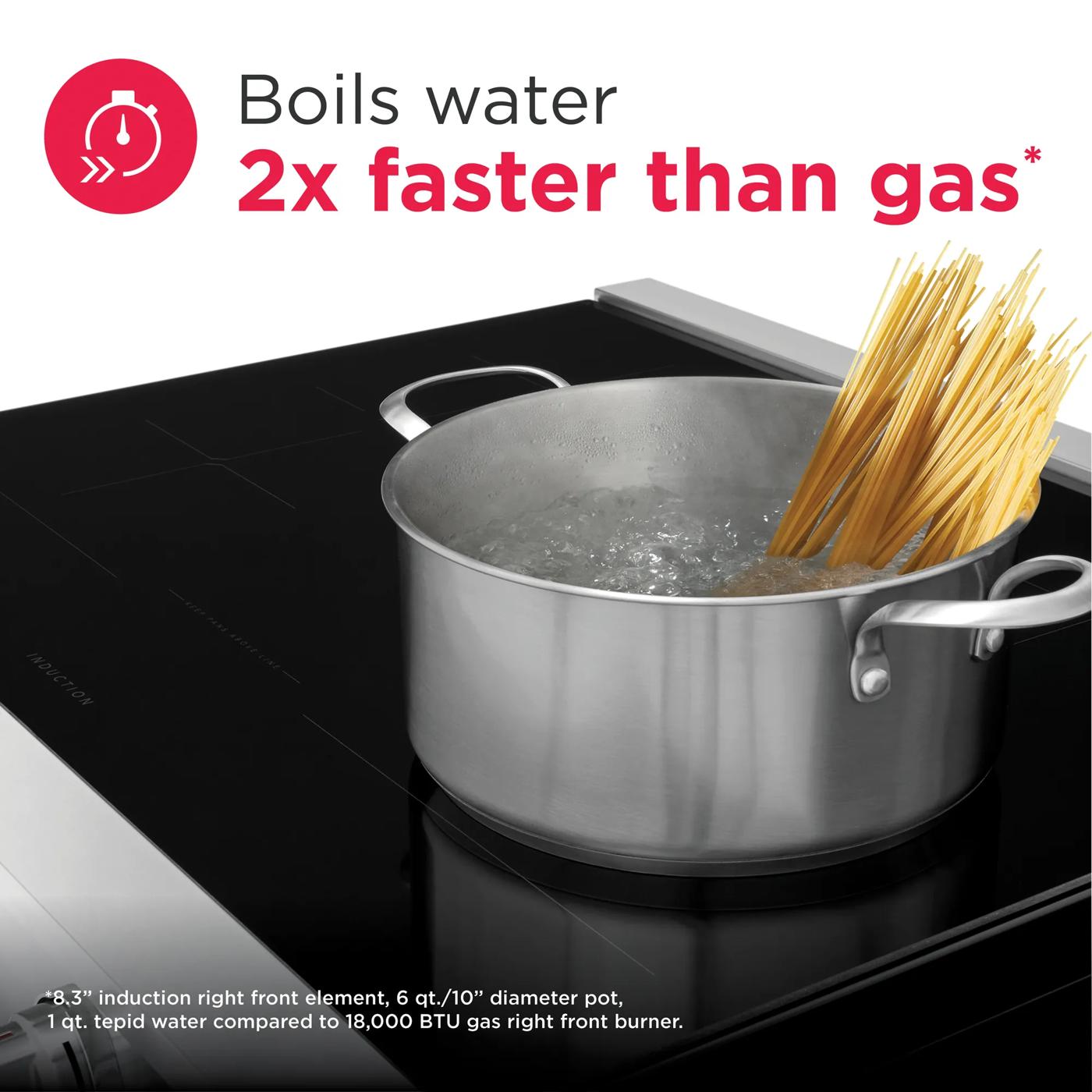 Stainless steel pot boiling water with pasta on sleek black induction cooktop from Ranges & Cooktops collection