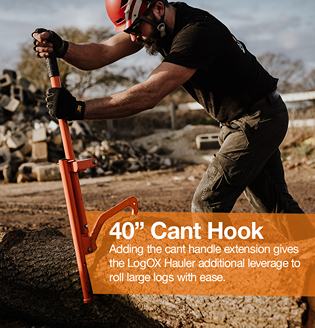 Man using orange cant hook with handle extension to roll large logs outdoors for home improvement tasks