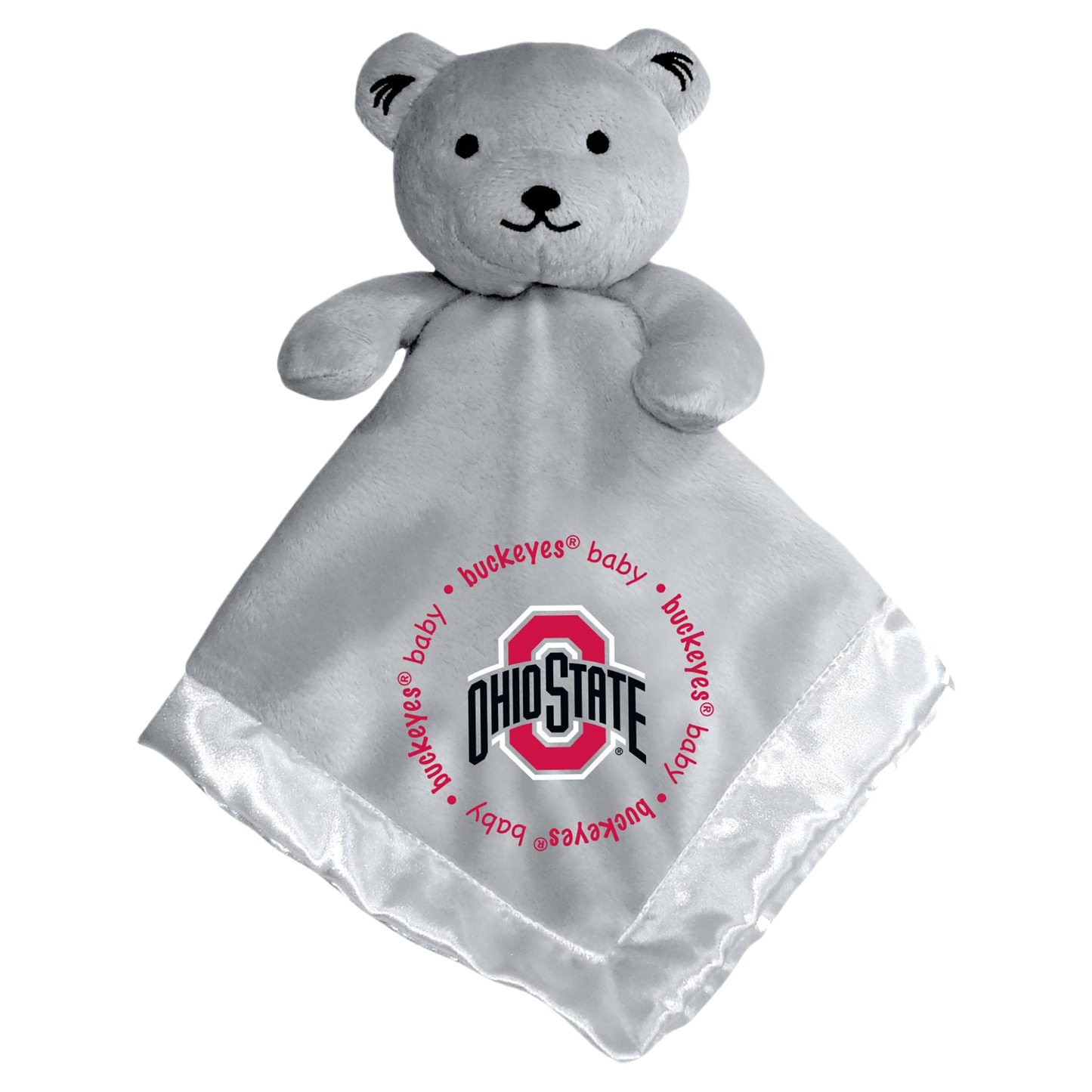 Gray plush security bear with satin trim and Ohio State logo for children's comfort under $50 collections