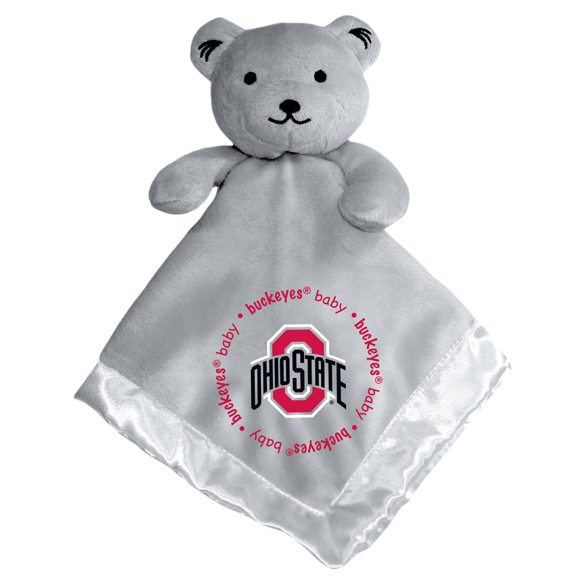 Gray plush security bear with satin trim and Ohio State logo for children's comfort under $50 collections