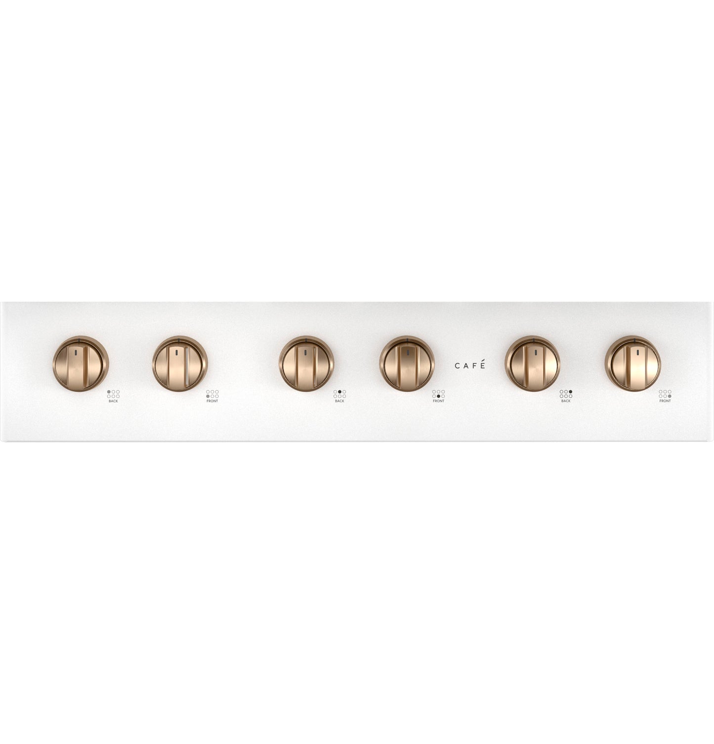 White control panel with six bronze knobs and Café logo for gas cooktop in Cooktops and Appliances collections