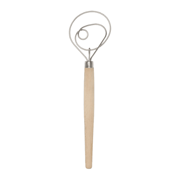 12-inch baking dough whisk with wooden handle and stainless steel flow-through loops for kitchen utensils and gadgets