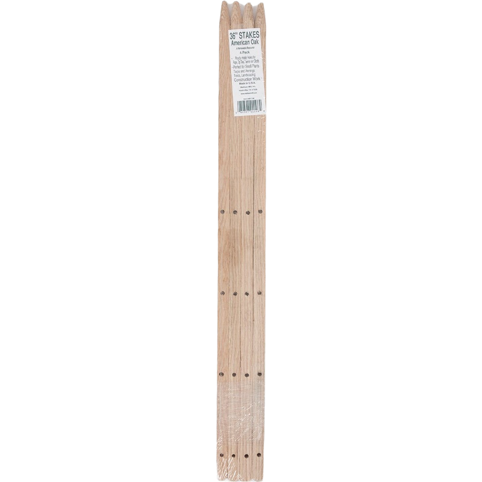Four 36-inch American oak wood stakes with pointed ends for garden support in home improvement projects