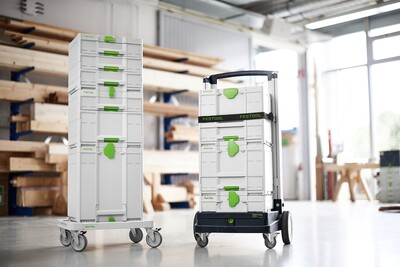 Stacked Festool SYS3 tool storage units with wheels for workshop organization and woodworking tools accessibility
