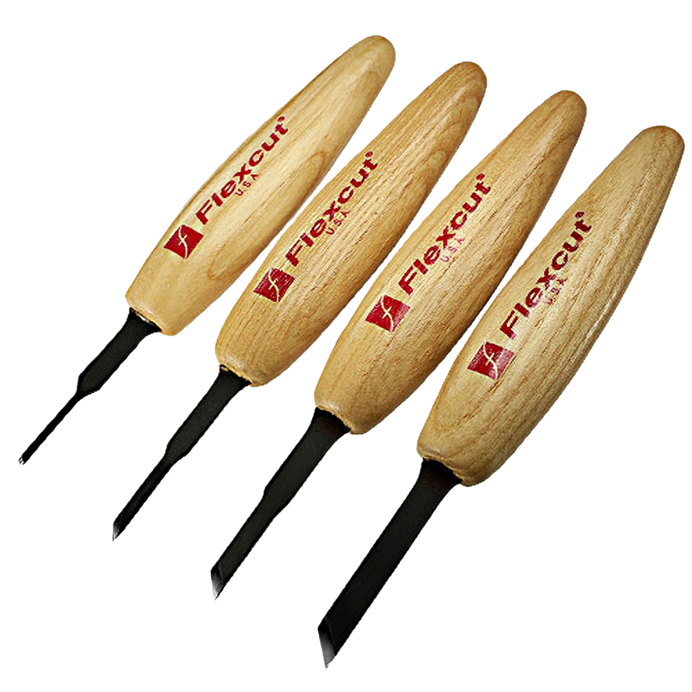 Set of four precision wood carving tools with wooden handles branded Flexcut for detailed home improvement projects
