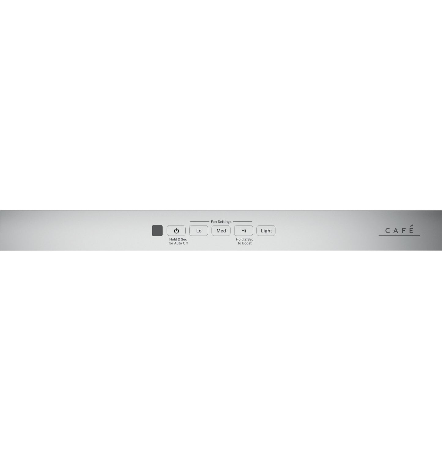 Stainless steel control panel with fan speed and light buttons from wall-mounted range hood in kitchen appliances
