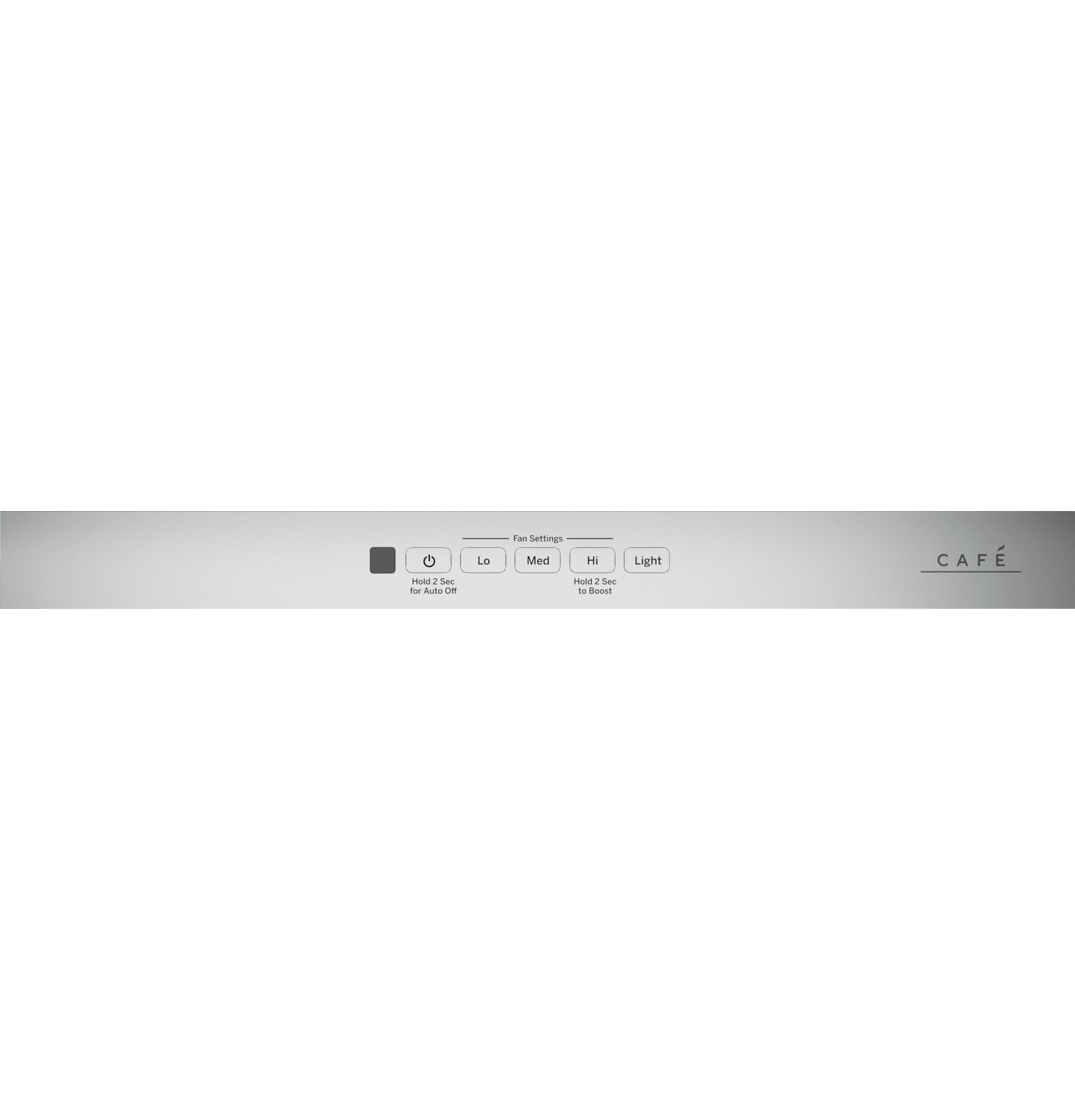 Stainless steel control panel with fan speed and light buttons from wall-mounted range hood in kitchen appliances