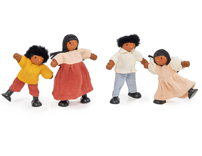 Four handcrafted dolls dressed in colorful fabric outfits depicting a playful family scene with diverse poses