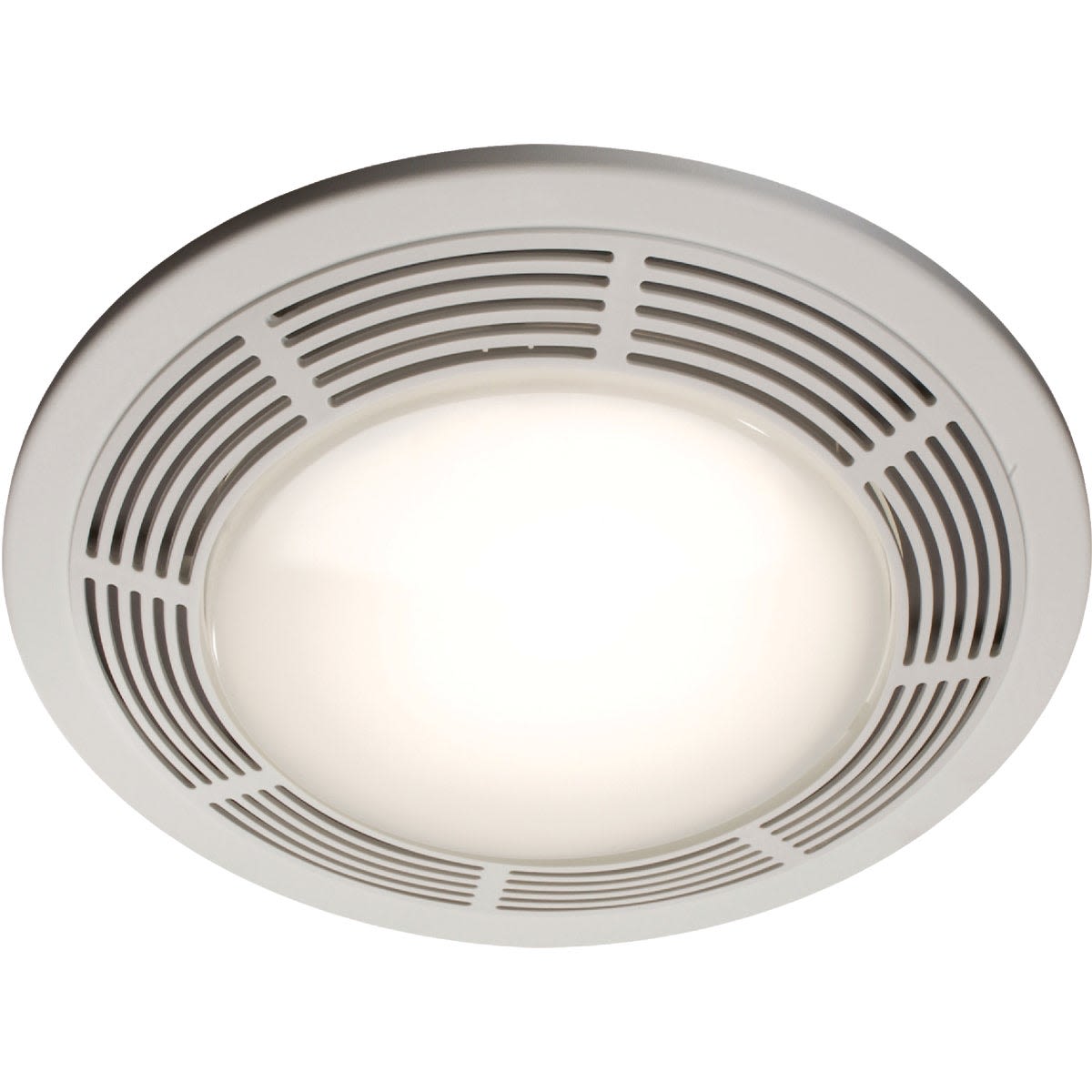 Round white ceiling exhaust fan with integrated light and ventilation grille for bathroom air circulation