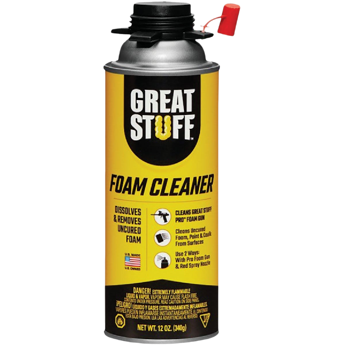 Yellow and black aerosol can of Great Stuff Pro Series foam cleaner for tools with red safety cap and product instructions