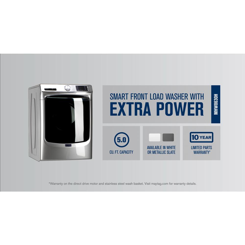 Modern metallic slate front load washer with large tinted door and digital control panel in washers collection