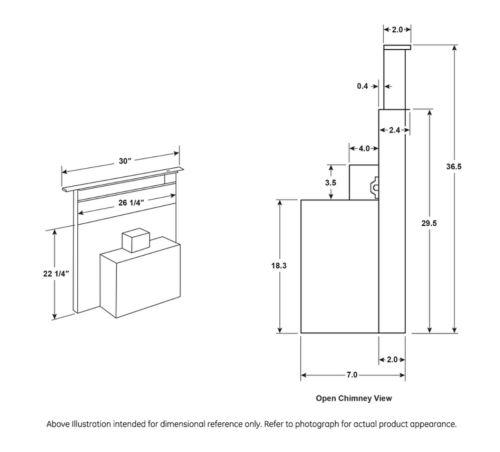 Technical line drawing with dimensions for a telescopic downdraft vent used in kitchen range hood installations.