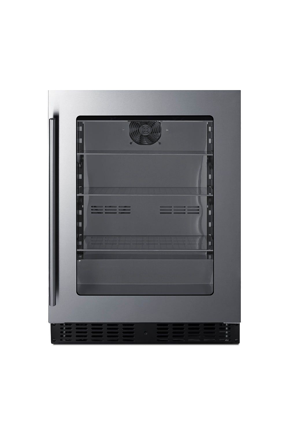 Stainless steel 24" wide built-in beverage center with glass door and adjustable shelves for kitchen undercounter use