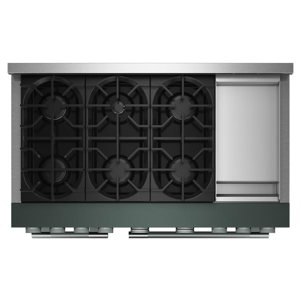 green 48-inch commercial gas range with six burners and chrome griddle for kitchen and home improvement