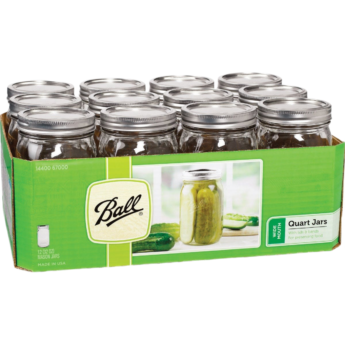 Set of twelve clear wide mouth quart glass jars with metal lids for canning and home food preservation tasks